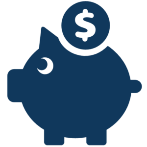 The image features an icon of a blue-colored piggy bank against a black background. A coin is depicted going into the piggy bank.